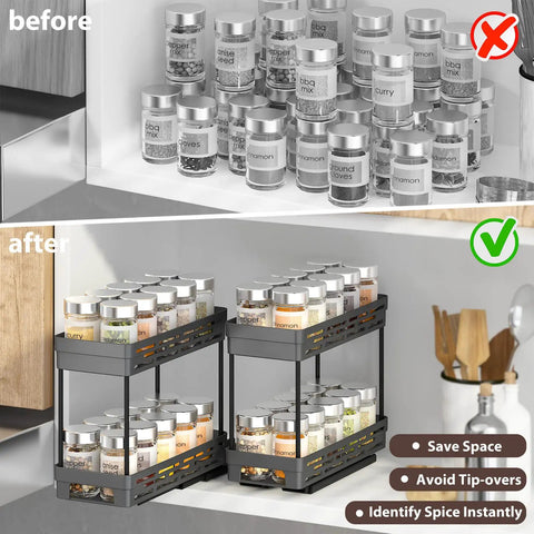 Pull Out Spice Rack Organizer For Cabinets, 3 Pack Slide Out Pantry Shelves, with jars organized in black double tier drawer.