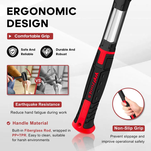 Close-up of ergonomic grip and features of 16oz Rubber Mallet Hammer With Double Faced Soft Head And Fiberglass Handle Ergonomic Grip