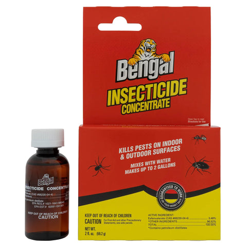 Indoor Outdoor Bug Killer Concentrate Makes 2 Gallons From 2 Oz Liquid Kills Roaches, Termites product packaging and bottle