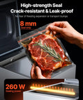 Heavy Duty Chamber Vacuum Sealer Boasts A Snappy 260 Watt Motor Generating Serious Suction To Handle Wet Grub Meats And Sauces Like A Boss While Keeping Your Kitchen Stock Fresh Inside A Compact Design Setup, featuring a sealed marinade steak.