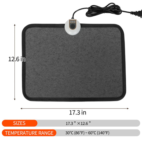 Under Desk Heated Floor Mat With 55W Power, 7 Temperature Settings, Comfy Foot Warmer Pad dimensions and range shown