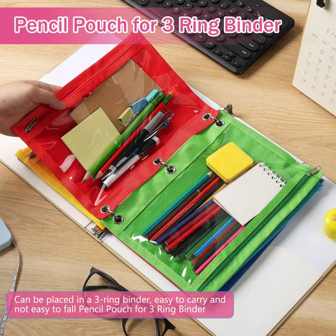 50 Pack Pencil Pouches With Clear Window For 3 Ring Binders Zipper Pen Case, red and green pouches open with supplies inside.