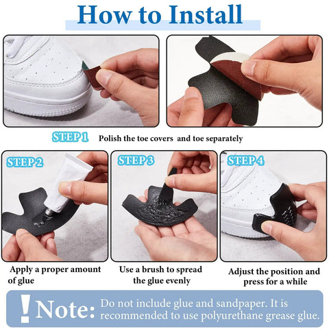 Installation guide for Four Pack Rubber Toe Protectors For Work Boots Black Heavy Duty Toe Guards Shoe Caps For Construction Hiking And Climbing Protect Your Boots And Toes In Spring And Outdoor Use, showing step-by-step process with glue application.