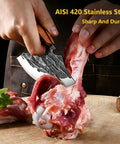 Two Piece Meat Cleaver Knife Set For Cutting Meat And Vegetables, Viking style cleaver slicing meat on wood board
