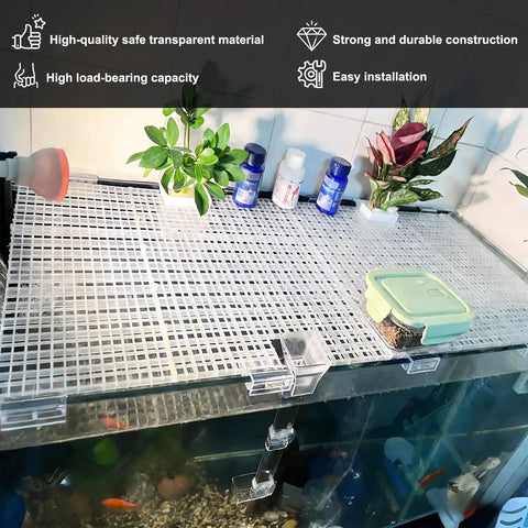 Crystal Clear Six Pack Aquarium Lid Clips Fit Rimless Fish Tanks Securing Glass Covers And Hood Supports Perfect For 5 To 6Mm Thicknesses No Sweat Install With A Tight Locked Grip All Day showcased on an aquarium.