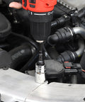 Impact Socket Adapter Set Nine Piece Magnetic Bit Holder With One Quarter Inch Three Eighths Inch And One Half Inch Hex Shanks For Drill And Impact Driver Pro Grade Heavy Duty Chrome Vanadium Steel in use with drill on car engine.