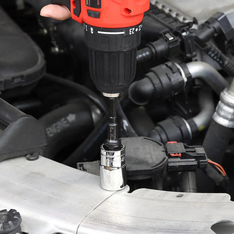 Impact Socket Adapter Set Nine Piece Magnetic Bit Holder With One Quarter Inch Three Eighths Inch And One Half Inch Hex Shanks For Drill And Impact Driver Pro Grade Heavy Duty Chrome Vanadium Steel in use with drill on car engine.