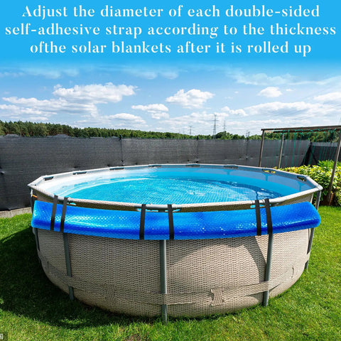 Heavy Duty Solar Pool Cover Straps For Above Ground Pools securing a blue solar blanket to a round above ground pool.
