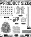 73 Piece Silver Spirit Wear Kit For Girls With Bulk Pep Rally Essentials showing pom poms, heart glasses, headband, bow, and tattoos.