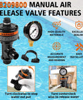 Manual air release valve assembly with pool filter pressure gauge; black plastic valve with brass fitting and clamps.