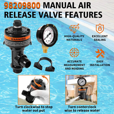 Manual air release valve assembly with pool filter pressure gauge; black plastic valve with brass fitting and clamps.