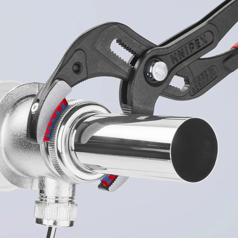 Go-To Siphon And Connector Pliers 9.84 In With Plastic Jaws, 25-Position Adjustment, gripping a metal pipe fitting