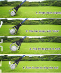 Steps showing how to use the telescoping golf ball retriever with 12 to 15 foot reach, aluminum shaft, non slip handle.