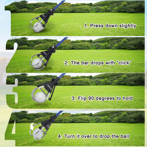 Steps showing how to use the telescoping golf ball retriever with 12 to 15 foot reach, aluminum shaft, non slip handle.