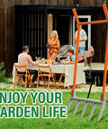 Heavy Duty 5-Tine Broad Fork for Gardening With Ergonomic U Shaped Handle All Steel Construction Rust Resistant Built to Dig Deep Aerate Soil Cultivate Garden Beds Farms and Tough Soil with people enjoying a garden gathering.