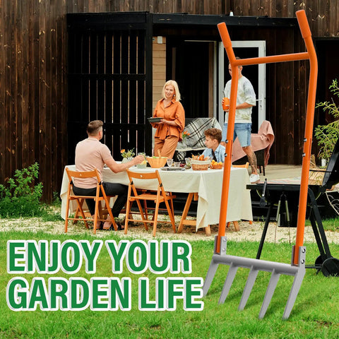 Heavy Duty 5-Tine Broad Fork for Gardening With Ergonomic U Shaped Handle All Steel Construction Rust Resistant Built to Dig Deep Aerate Soil Cultivate Garden Beds Farms and Tough Soil with people enjoying a garden gathering.