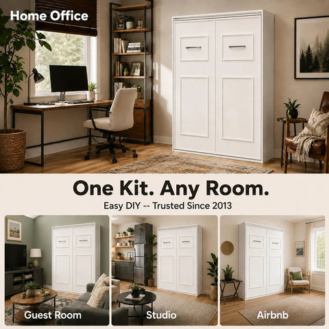 Queen Size Murphy Bed Hardware Kit Featuring Bulletproof Gas Piston Lift Systems in a stylish home office setup.