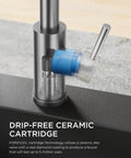 Close-up of drip-free ceramic cartridge in Brushed Nickel Kitchen Faucet With Pull Down Sprayer Stainless Steel Commercial Single Handle Spring Faucet For Pot Filling Farmhouse Style For Camper Bar And Laundry Room
