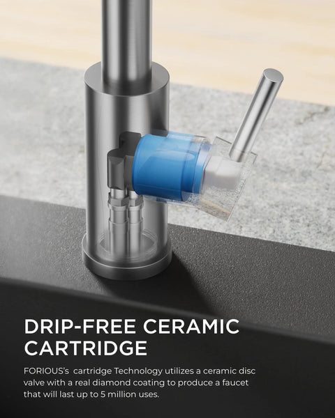 Close-up of drip-free ceramic cartridge in Brushed Nickel Kitchen Faucet With Pull Down Sprayer Stainless Steel Commercial Single Handle Spring Faucet For Pot Filling Farmhouse Style For Camper Bar And Laundry Room