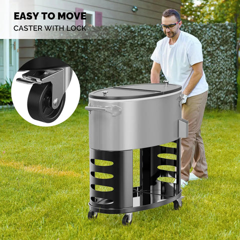 Man using 70-Quart Rolling Patio Cooler With Wheels Insulated Ice Chest For Outdoor Barbecues Pool Parties Camping And Beach Trips With Bottom Storage Tray And Bottle Opener Gray