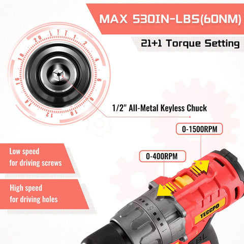 Diagram showing 20V Brushless Cordless Drill Kit with Two Batteries, 530 Inch Lbs Torque, Half Inch All Metal Chuck, 21 Plus 1 Torque Settings