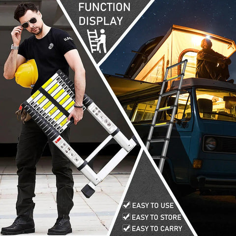 Lightweight Aluminum Telescoping Ladder 13.5 Ft With Hooks and Stabilizer, Retractable Extension Ladder for Home Loft Roof RV Work EN131 Certified 330 Lbs Max Capacity in use