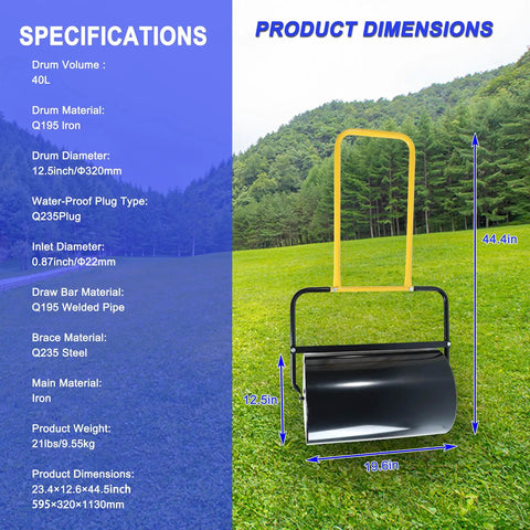 40L Heavy Duty Lawn Roller With U Shaped Handle displayed on grass with product dimensions and specifications in the background.