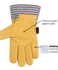 Premium Leather Work And Ski Gloves With Heatkeep Insulation For Cold Weather, shown with pigskin palm and Otto striped canvas back.