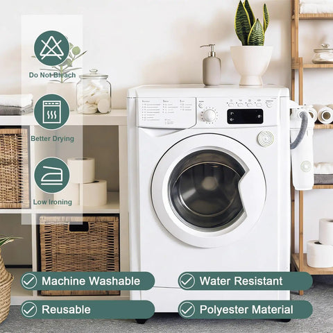 Washing machine in laundry room with baskets and shelves, displaying icons for machine washable, water resistant polyester material.