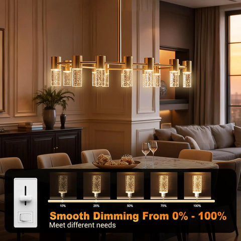 Modern chandelier with smooth dimming in an elegant dining room setting, showcasing lighting variations from 0% to 100%.