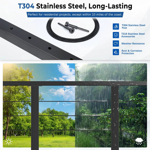 36 Inch Modular Cable Railing Post Kit For Deck Surface Mount With Heavy Duty Stainless Steel Wire System showing T304 stainless steel post and cables.
