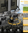 Close-up of all-terrain wheels on the All Terrain Collapsible Wagon Cart With Removable Tabletop And 500Lbs Capacity Folding Utility Wagon With Extended Tailgate Heavy Duty Big Six And A Half Inch Wheels For Beach Picnic Grocery Outdoor Adventures.