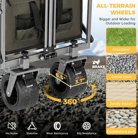 Close-up of all-terrain wheels on the All Terrain Collapsible Wagon Cart With Removable Tabletop And 500Lbs Capacity Folding Utility Wagon With Extended Tailgate Heavy Duty Big Six And A Half Inch Wheels For Beach Picnic Grocery Outdoor Adventures.