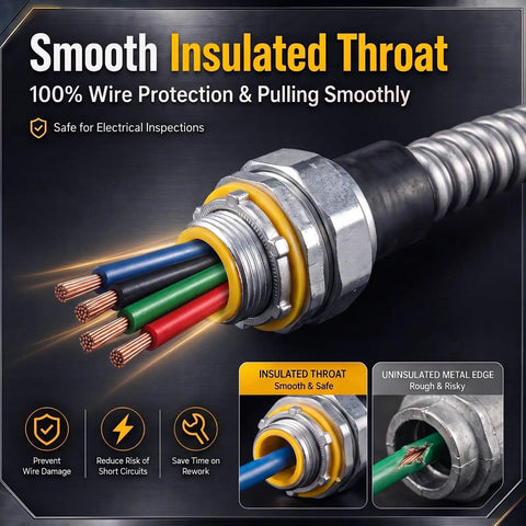 10 Piece Liquid Tight Conduit Connector Pack Includes 3/4 Inch Straight Fittings And Ninety Degree Elbows For Smooth Indoor Outdoor Cable Runs Into Boxes Heavy Duty Metal Construction Delivers No Sweat Installation And Rock Solid Grip with insulated throat and colored wires.