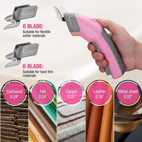 Workpro 4V Cordless Electric Scissors With Rechargeable Power Shears For Effortless Cutting Plastic And Cardboard Fast Speed Up To Ten Thousand RPM Includes Two Durable Blades Lightweight Design Ideal For Crafters And DIY Projects Quick Charging Battery with O and D blades.