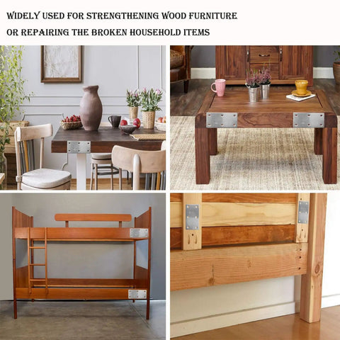 Heavy Hitter Stainless Steel Repair Brackets Rock Solid Mending Plates For Woodworking Fixes Six Hole Joining Hardware Built Tough To Get The Job Done Right Rust Proof Pack Of 20 displayed on various furniture.