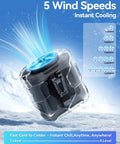 Waist Clip On Personal Fan With 10000mAh Battery, Hands Free Belt Cooler On The Go, showing 5 wind speeds and clip design.