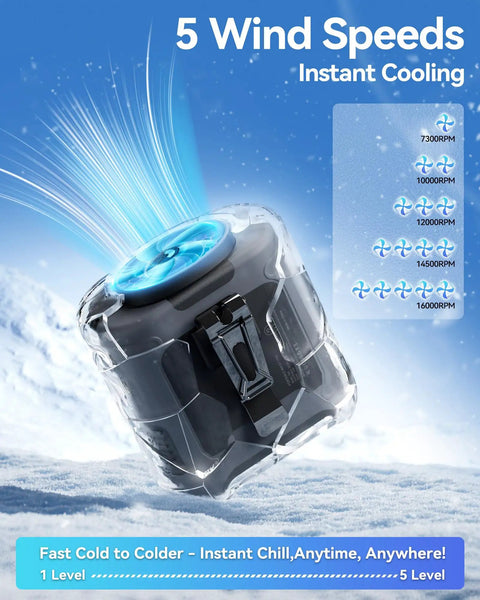 Waist Clip On Personal Fan With 10000mAh Battery, Hands Free Belt Cooler On The Go, showing 5 wind speeds and clip design.