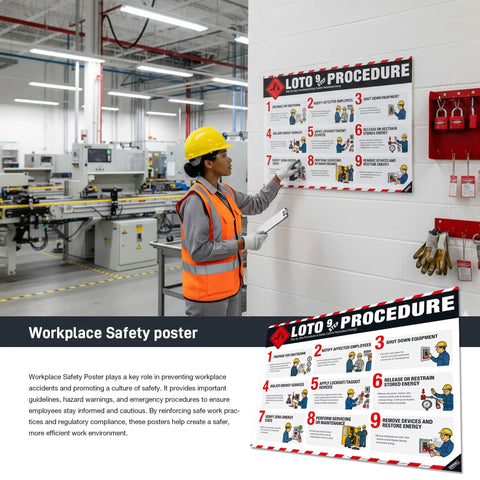 9 Step Lockout Tagout Procedure Poster for OSHA Compliance and Shop Floor Safety Training in industrial setting, woman pointing