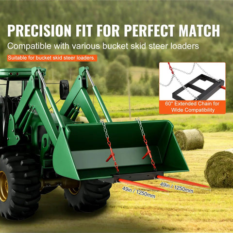 49 Inch Hay Spear for Skid Steer Loader, 3000 Lb Capacity Bale Fork Attachment With 60 Inch Chain And 2 Stabilizer Spears on tractor