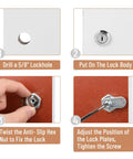 Installation steps for Heavy Duty Zinc Alloy Cam Cabinet Locks 5 8 Inch Throw 3 Pack Keyed Alike Solid Silver Finish.