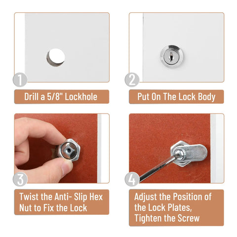 Installation steps for Heavy Duty Zinc Alloy Cam Cabinet Locks 5 8 Inch Throw 3 Pack Keyed Alike Solid Silver Finish.