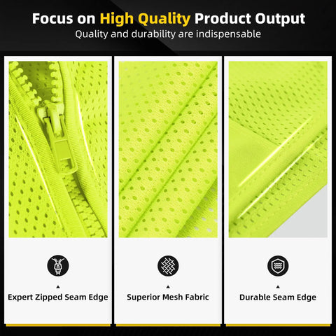 High Visibility Mesh Safety Vest With 10 Pockets, Mic Tabs, Front Zip Closure, And Reflective Strips For Men And Women close-up details