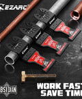 Pro Level Carbide Oscillating Multi Tool Blades With TiCN Coating Badass Heavy Duty Rippers For Hard Metal Quick Clean Cuts Tight Squeeze Work Ten Pack Kit displayed with metal pipes and screws.