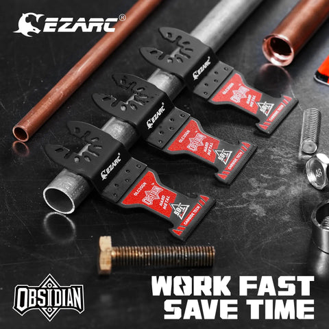 Pro Level Carbide Oscillating Multi Tool Blades With TiCN Coating Badass Heavy Duty Rippers For Hard Metal Quick Clean Cuts Tight Squeeze Work Ten Pack Kit displayed with metal pipes and screws.