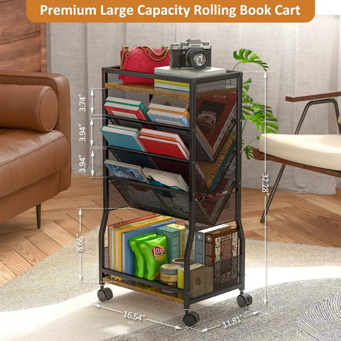 8 Tier Rolling Book Cart With Wheels For Narrow Spaces, Two Sided Access Bookcase, mobile storage in living room