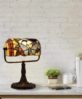 Stained Glass Butterfly Style Bankers Lamp With Handcrafted Design Vintage Vibe Desk Light on white shelf