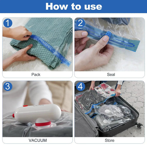 Step-by-step guide using 12 Pack Travel Vacuum Storage Bags With USB Electric Pump For On The Go Packing, Space Saving Compression Bags For Clothes, Includes Small And Medium Bags, Portable Travel Organizer Set.
