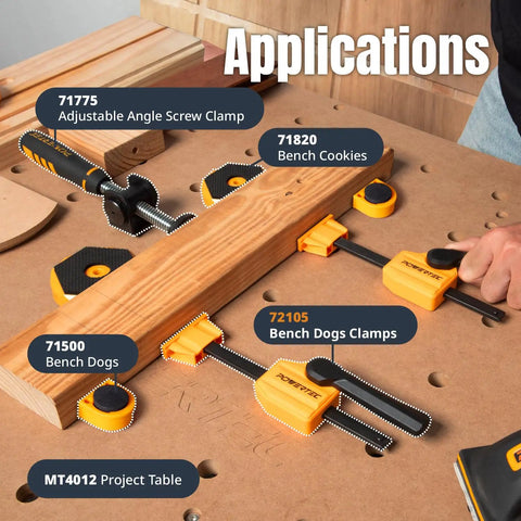 Heavy Duty Bench Dog Clamps For Three Quarter Inch Holes With Quick Release And 176 Pound Clamping Force Rock Solid Woodworking Clamps For Secure Hold On Workbenches 2 Pack shown installed on workbench with wooden board secured.
