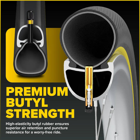 Cross-section of a tire showcasing the 700x35C-43C inner tube with 37mm Schrader valve and butyl rubber for strength and durability.